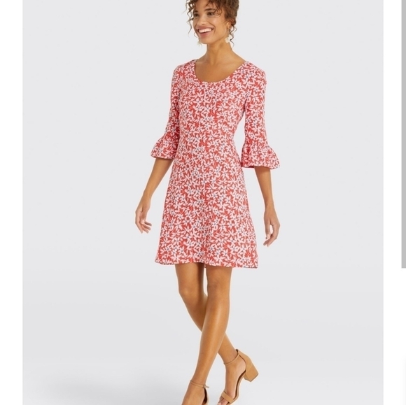 DRAPER JAMES Pink Coral White Hibiscus Floral Bell Sleeve Dress - Picture 7 of 10
